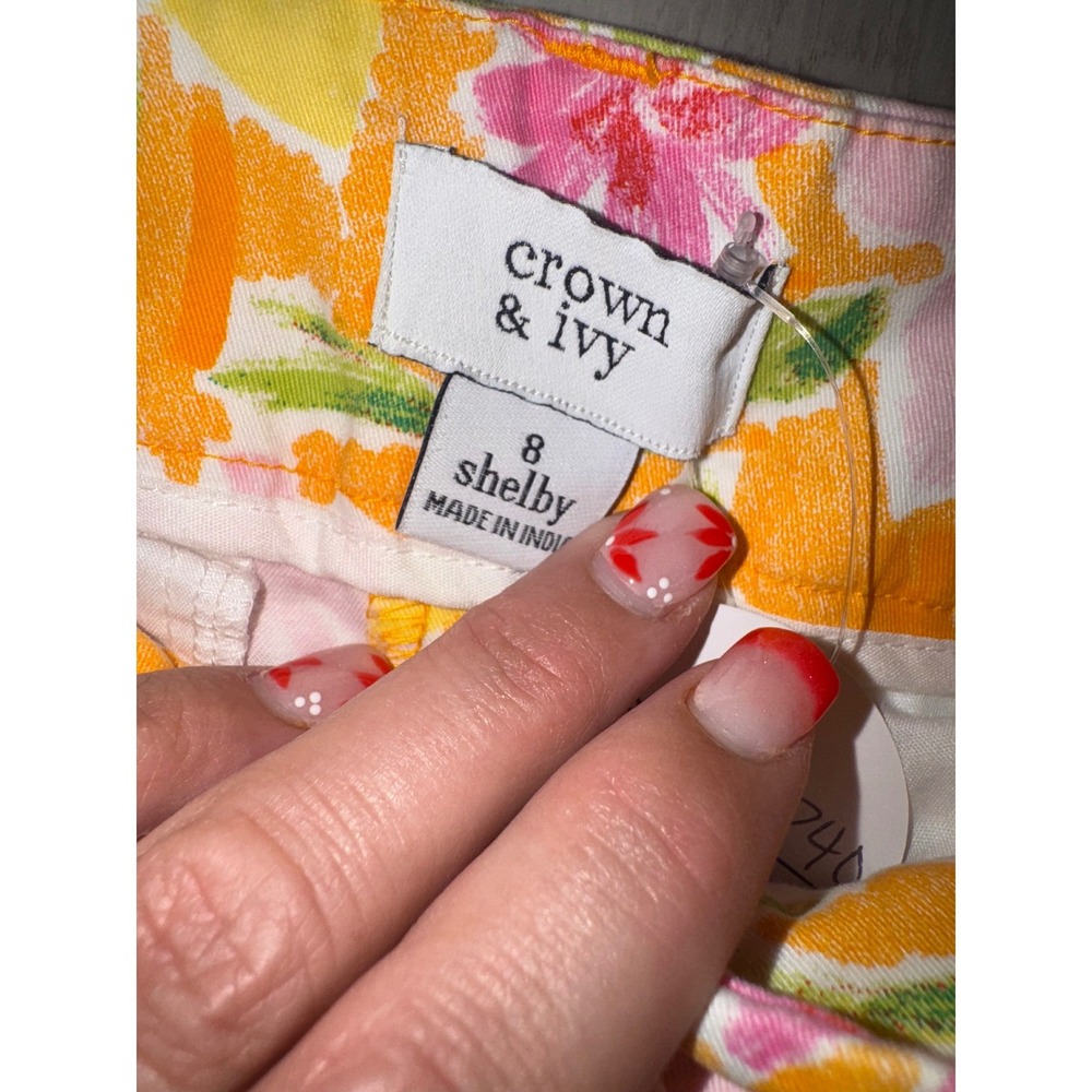 Crown & Ivy Shelby Shorts Womens 8 Orange Floral Scalloped Hem Summer Cotton - Picture 4 of 5